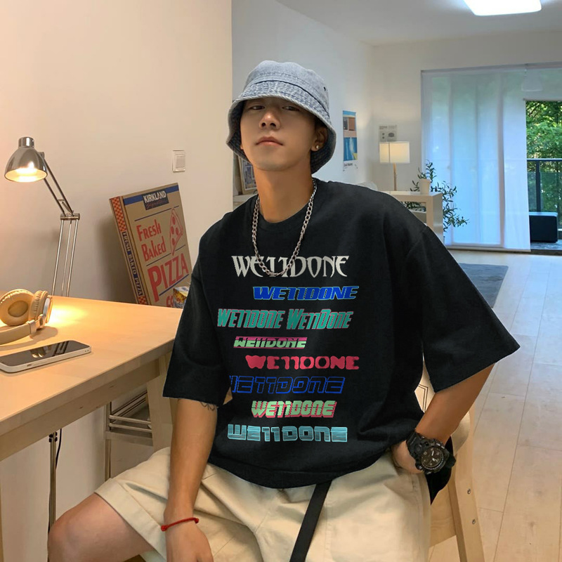 Wellmiki Niche Trendy Brand Neon Barrage Korean Style Pure Cotton Half-Sleeved Loose Short-Sleeved T-Shirt for Men and Women Couples