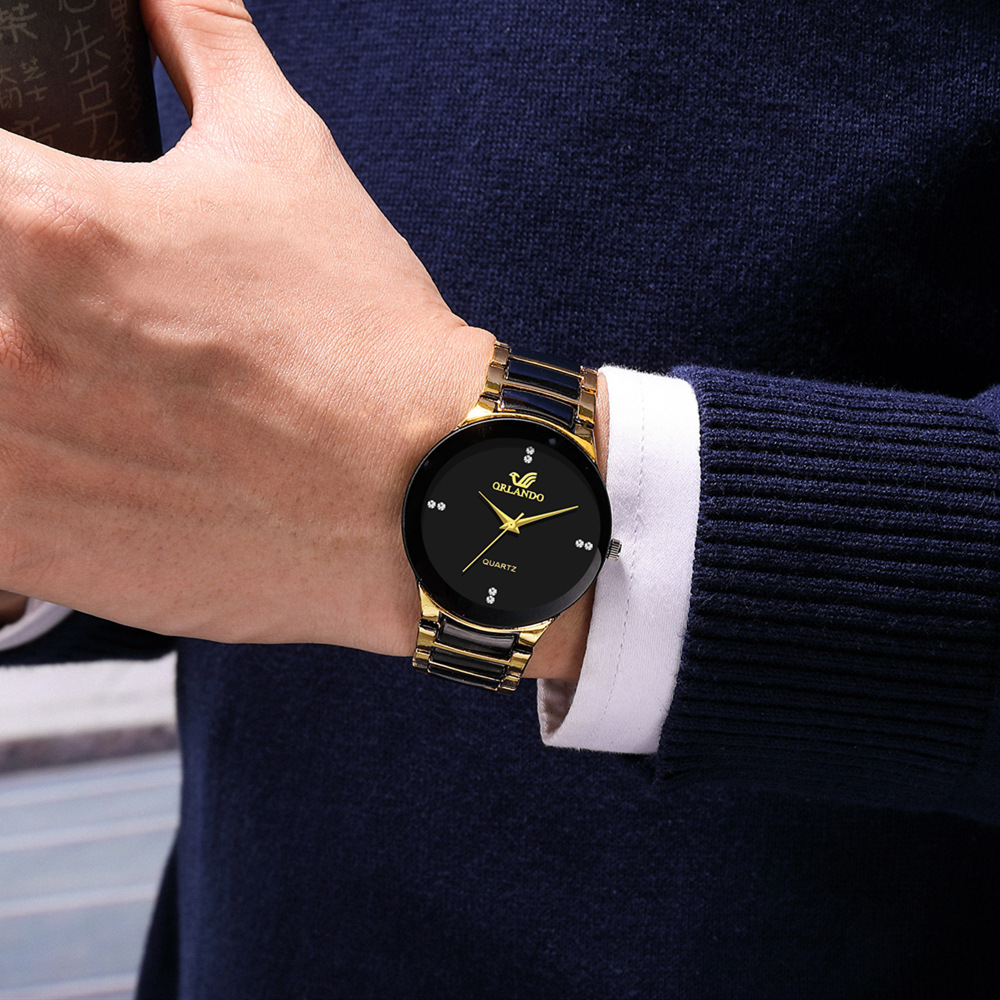 Cross-border Good Men's Business Fashion Steel Band Watch Two-color Strap Gold Diamond Simple Men's Steel Watch