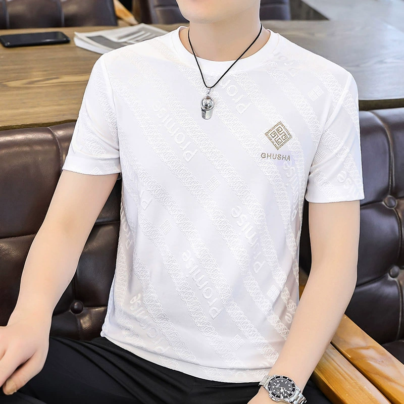 2024 летний новый стиль мужской ледяной шелк с короткими рукавами футболка модная мужская футболка с половинным рукавом темный рисунок жаккардовый мужской быстрый сухой топ