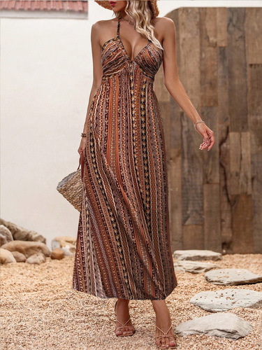 European and American Spring and Summer Striped Print Maxi Shoulder Strap Dress Women Chiffon Fashion Sexy