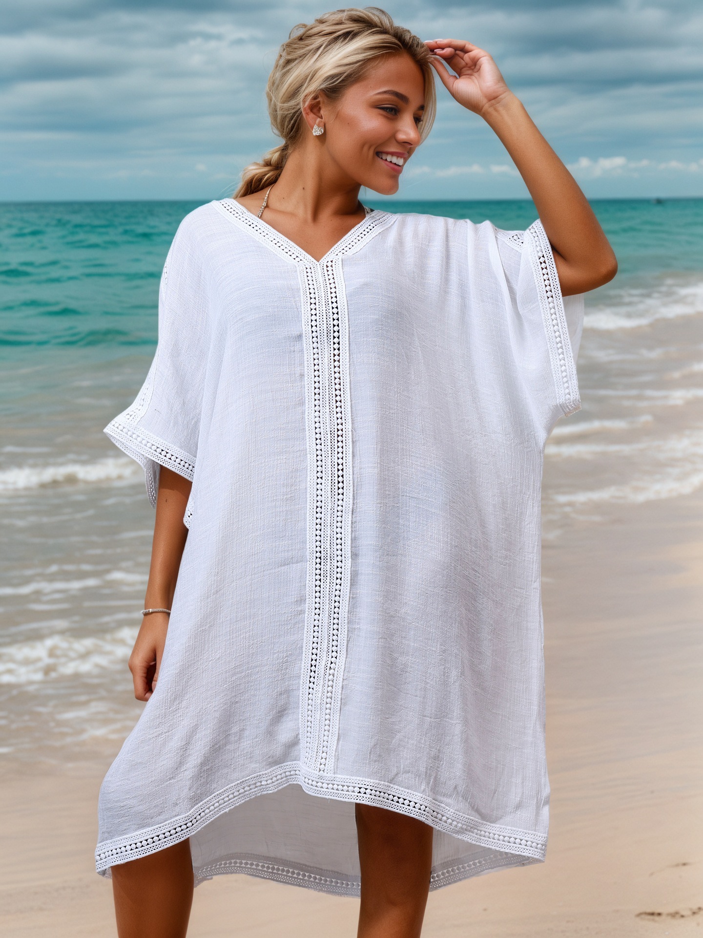 Cubierta de playa de algodón y bambú para protección solar, holgada, talla grande, sexy y ligera.