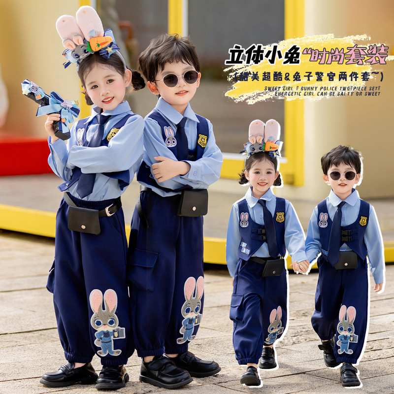 Children's Judy costume, sibling set, cartoon two-piece outfit, Disney cosplay costume for girls, boys' shirt and overalls, size 6