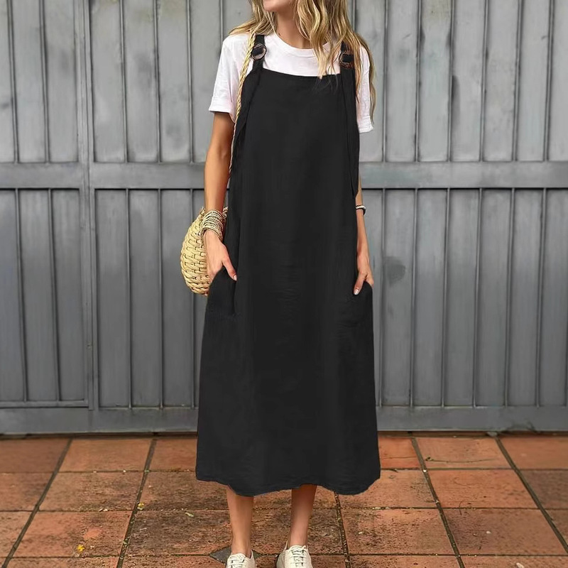 2025 European and American Cross-Border Casual Suspender Skirt Long Pocket Loose Dress Temu Independent Station