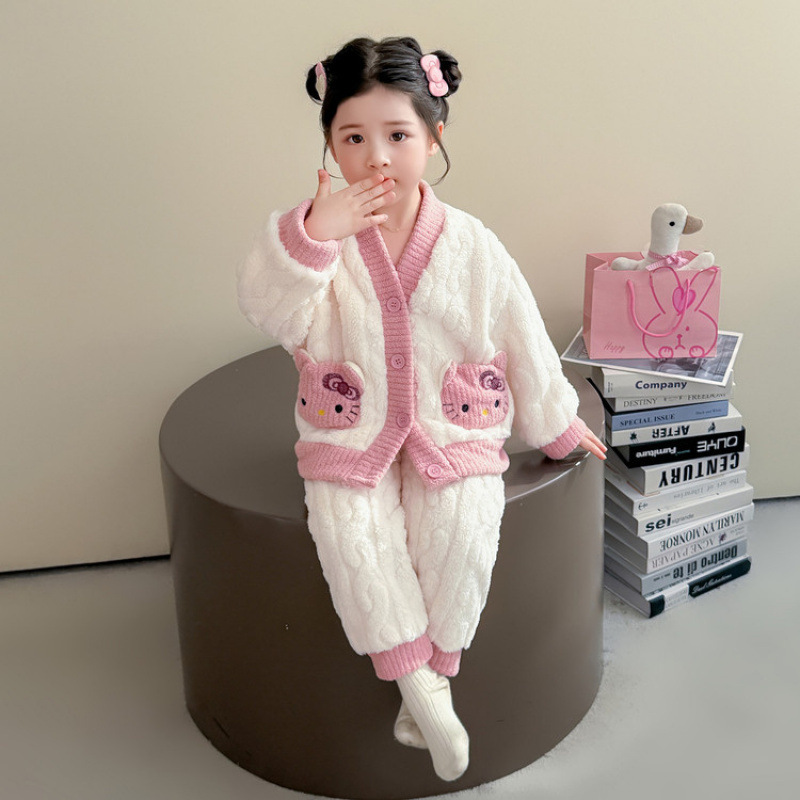 女童法兰绒睡衣秋冬季2025新款女孩宝宝加绒珊瑚绒家居服开衫套装|undefined