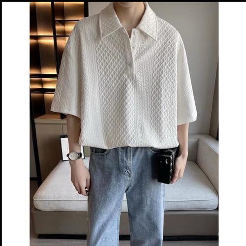 Khaki Heavyweight Check Polo Shirt Men's Sophisticated British Charming Males Short Sleeve Summer Five-Button Shirt