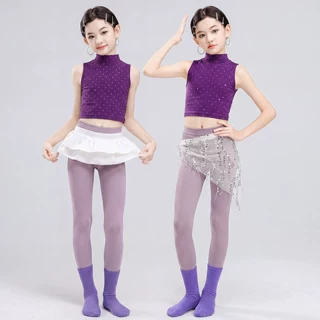 舞蹈服女童紫色烫钻闪亮小高领背心瑜伽服形体服爵士舞女孩表演服