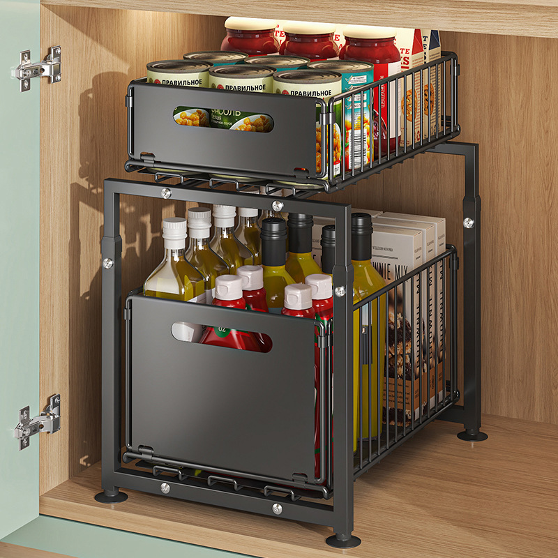 Pull-Out Storage Rack under Kitchen Cabinets, Adjustable Height Countertop Organizer for Miscellaneous Items, Spice Bottles, and Jars