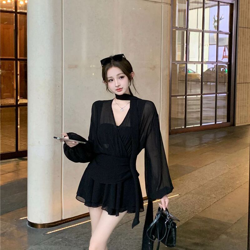 Black See-Through Long-Sleeved Chiffon Dress for Women Early Autumn Design Mesh Skirt V-Neck Elegant Waist A-Line Skirt