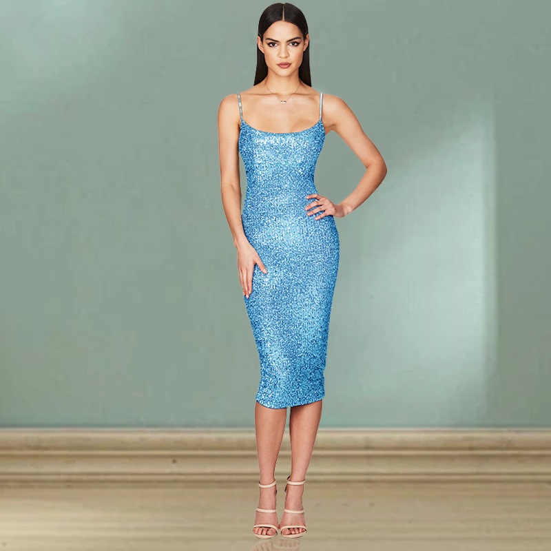 European and American Cross-Border Women's Skirts Women's Summer Dresses Amazon Temperament Sequined Backless Suspender Dress Summer Women
