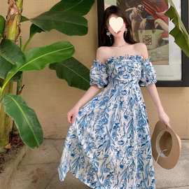 夏季新款法式茶歇别致惊艳蓝色碎花抹胸一字肩吊带连衣裙女