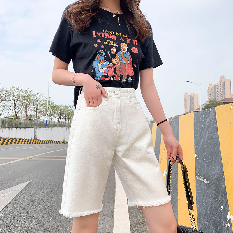 Trendy 2022 Raw Edge Season Loose Denim Five-Point Pants Women's Summer Jeans Women's Mid-Pants Korean Style Shorts Cycling Pants New Style