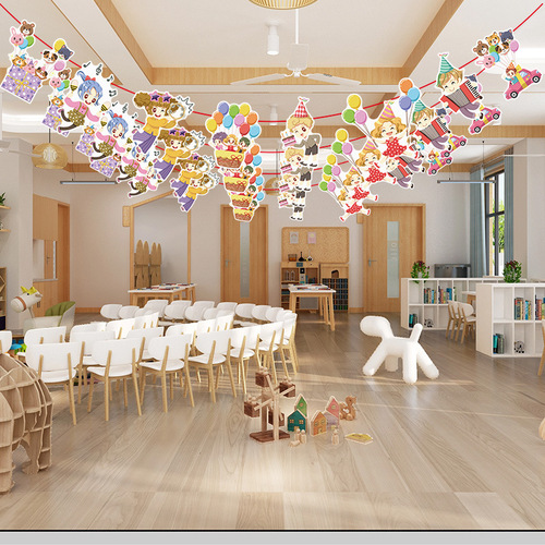 Decorating kindergarten classrooms with flag-raising activities, school flagpoles, colorful ribbons, hanging flags, and decorative background walls for the start of the school year.