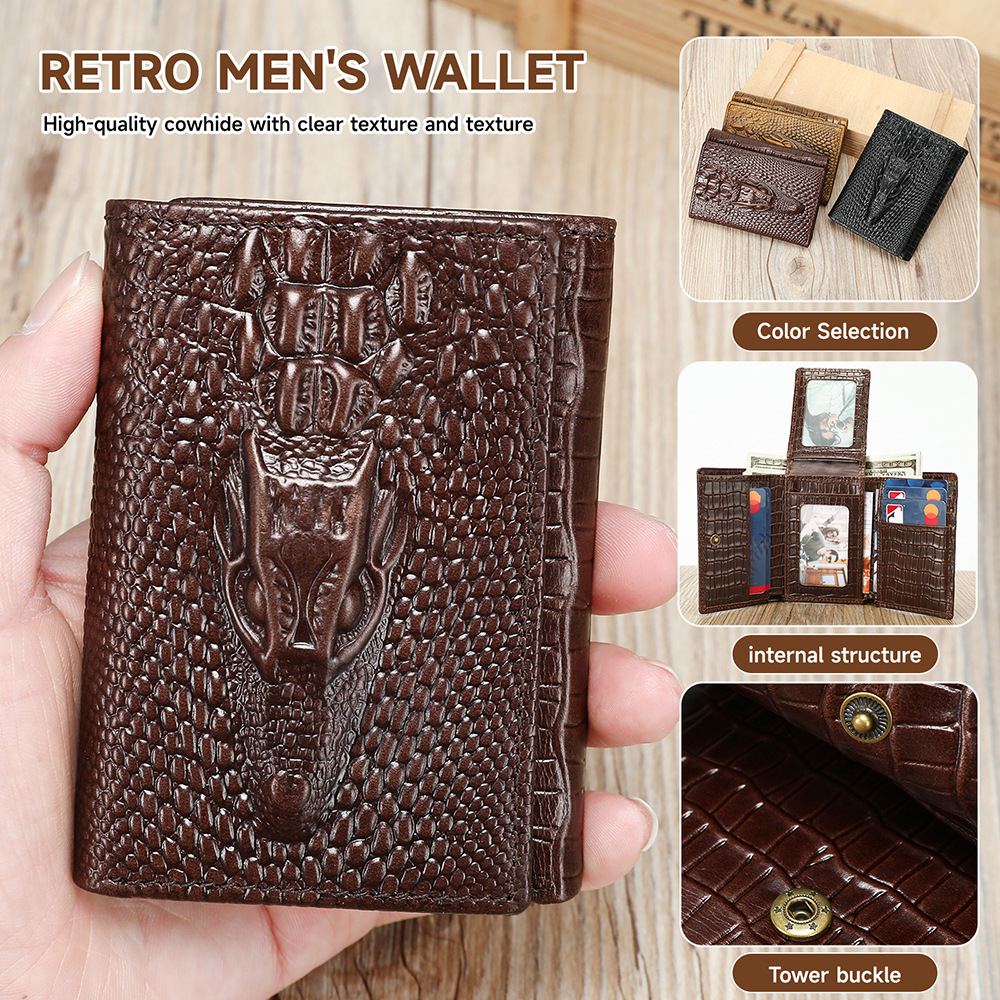 Ví nam da thật phong cách retro họa tiết cá sấu dập nổi, kẹp tiền đa năng — màu đen