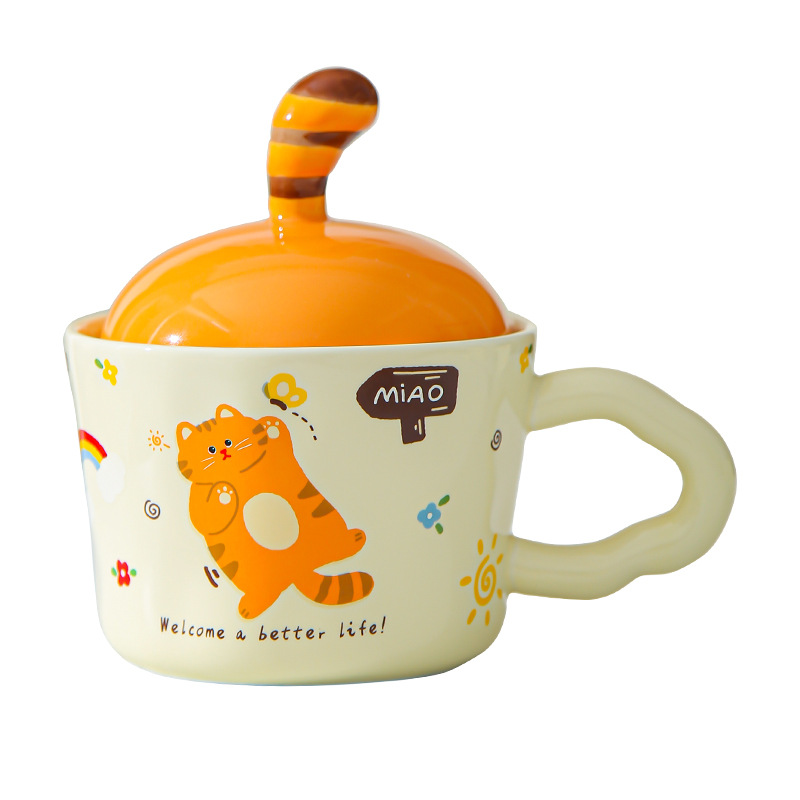 Divertido gato de dibujos animados tazas con cubierta de oficina adorable ins tazas de cerámica tazas de regalo creativas personales