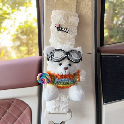 Car Seat Belt Anti-Leveler Shoulder Seat belt shoulder pad - white-bear-colored-sweater-lollipop-one-puff-check-shoulder-cover