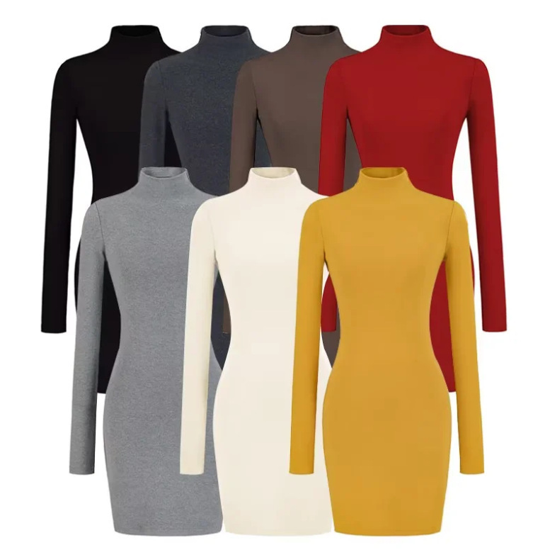 High-Neck Long-Sleeve Dress for Women 2025 Autumn New European and American Style Spicy Girl Solid Color High-Waisted Slim-Fit Bodycon Dress