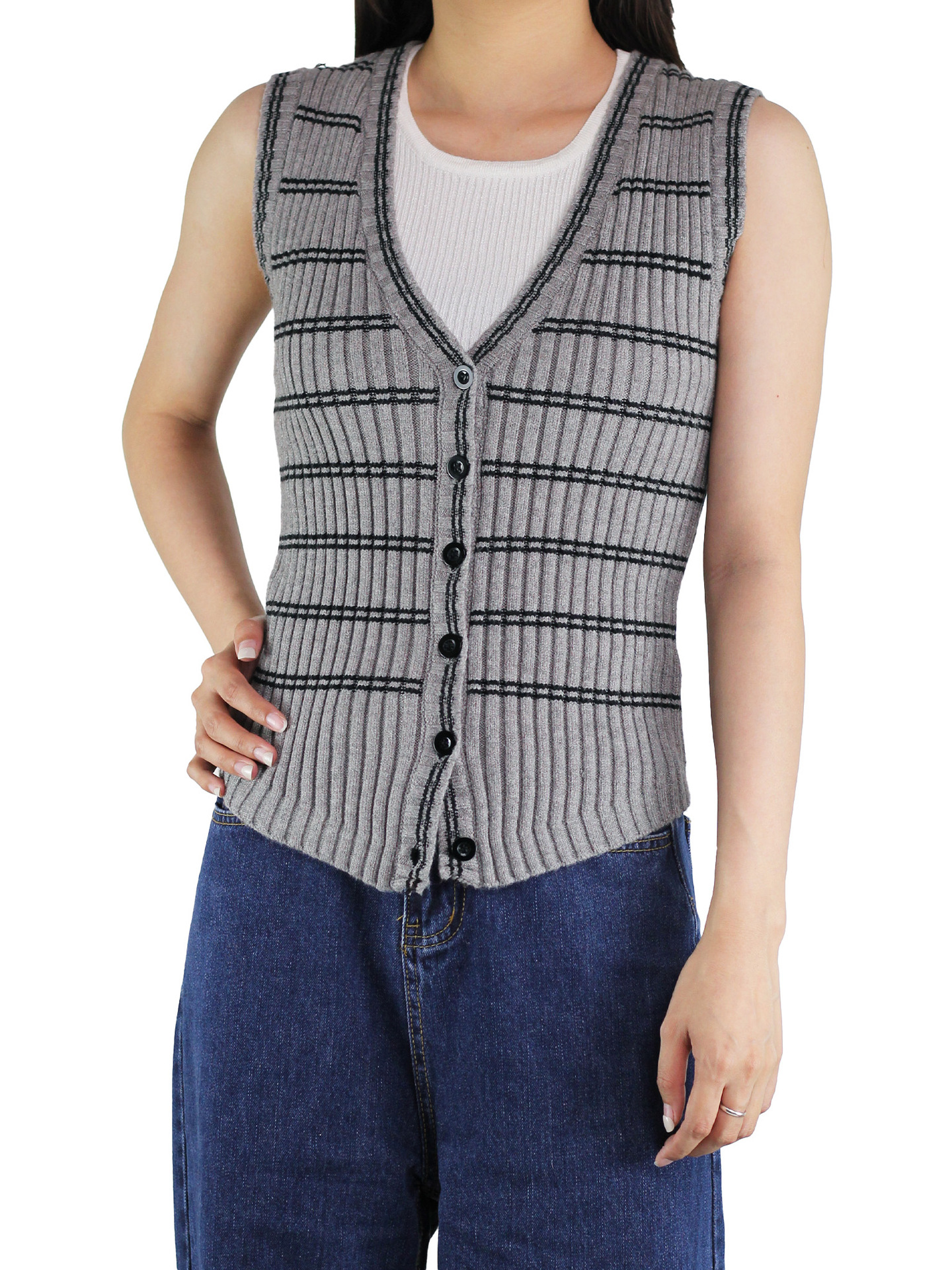 Inventario transfronterizo de ropa de mujer explosión camisa de punto chaleco de mujer V-collar rayas de punto cardigan chaleco de punto suéter al por mayor