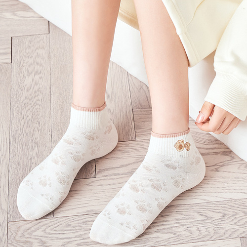 Socks for women summer thin women's pure cotton white ins embroidered bear boat socks low cut white women's socks wholesale