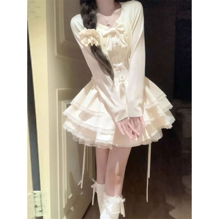 小柄な人向けの夏の純粋な欲望の高級サスペンダーケーキドレス+アプリコットカーディガン日焼け止め2点セット|undefined