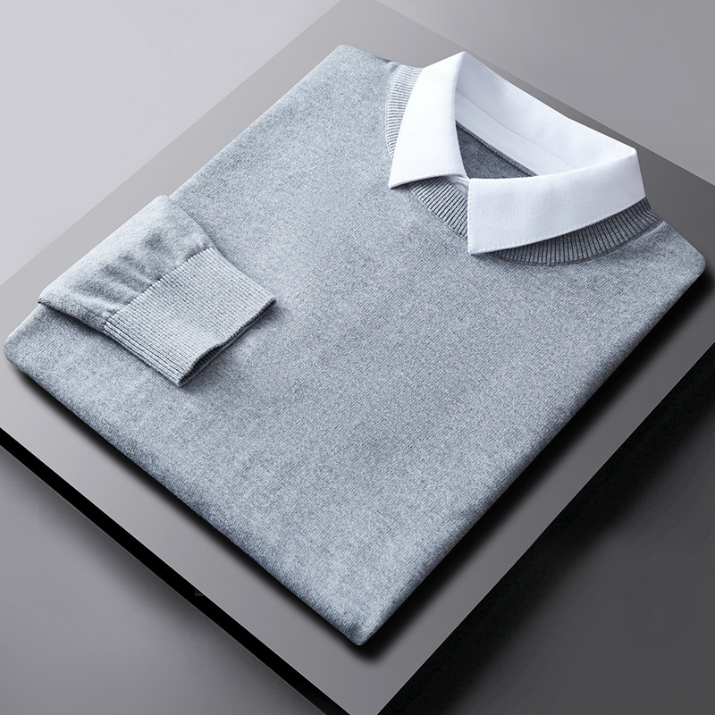 Men's Two-Piece Sweater with Shirt Collar, New Spring and Autumn Style, Pure Cotton, Korean Version, Solid Color Base Shirt, Trendy Brand Top