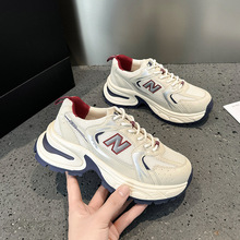 真皮爆款老爹鞋女2025新款秋季厚底增高百搭N字母透气软底运动鞋