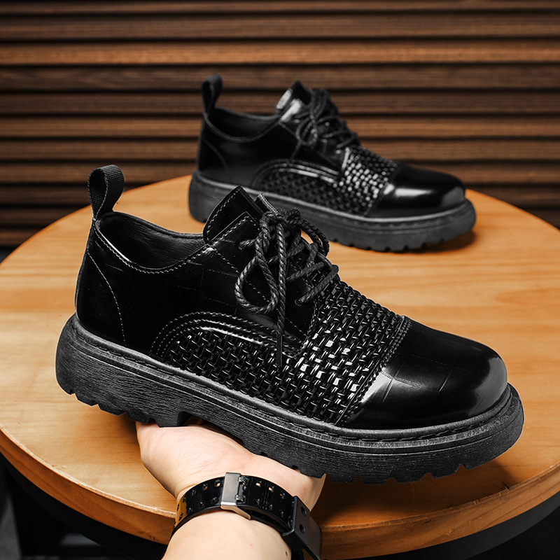 Otoño nuevo estilo de personalidad de zapatos casuales tejidos con suela gruesa, zapatos casuales de negocios con suela gruesa, zapatos de cuero de estilo británico para hombres pequeños