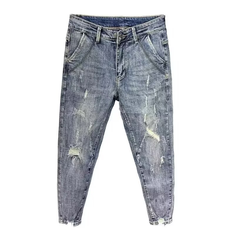 Men's Slim Fit Cropped Jeans Distressed Elastic Stretch Denim_voghion.com