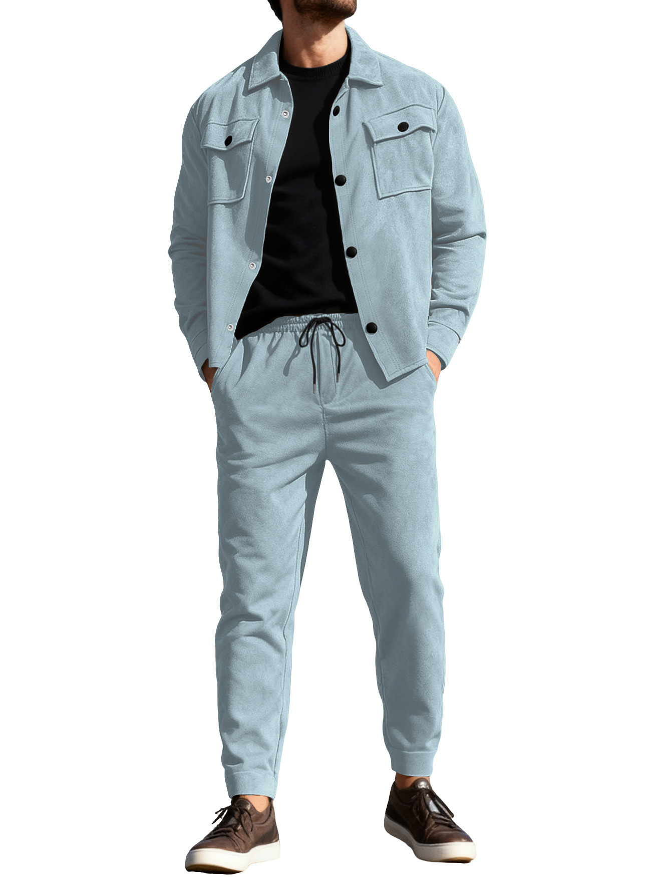 Nuevo transfronterizo Europa y América Amazon TK estilo americano pesado chaqueta casual de hombre pantalones casuales de piel de seda de color sólido conjunto