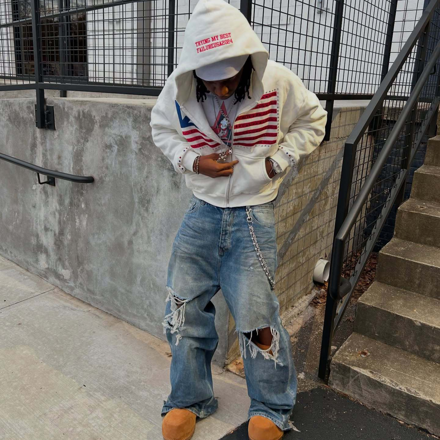 Sweat-shirt à capuche zippé tendance style hip-hop avec imprimé graphique et poches – Streetwear oversize pour homme et femme (noir/blanc, S/M/L/XL)_voghion.com