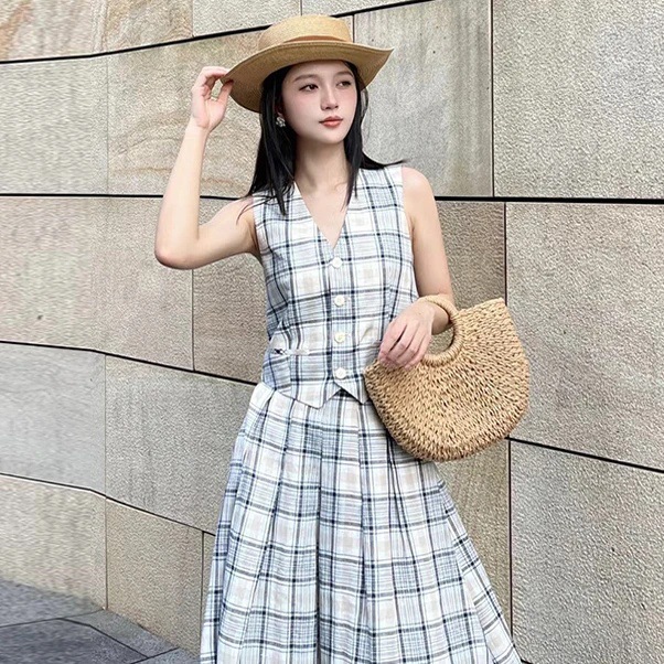 Bộ vest gile và chân váy linen kẻ caro cao cấp cho nữ — áo ghi lê chi tiết 8