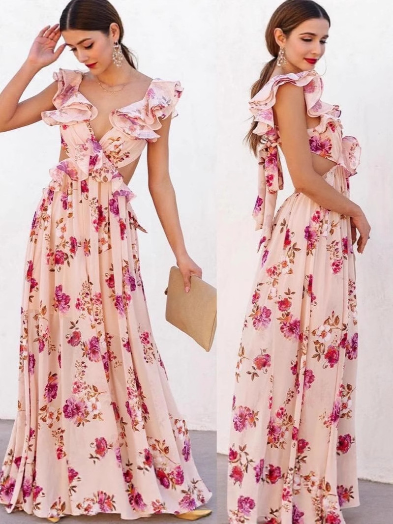 2025 Vestido de falda larga de verano sin espalda con diseño de hombros descubiertos y estampado de comercio exterior de nuevas mujeres transfronterizas europeas y americanas