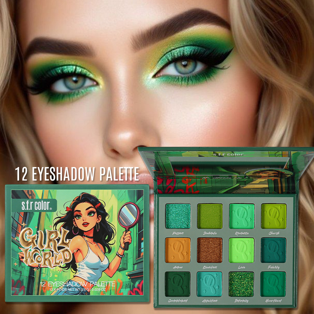 s.f.r color transfronterizo para el desarrollo de perlas mate fácil de colorear verde 12 color de sombra de ojos maquillaje al por mayor image 3