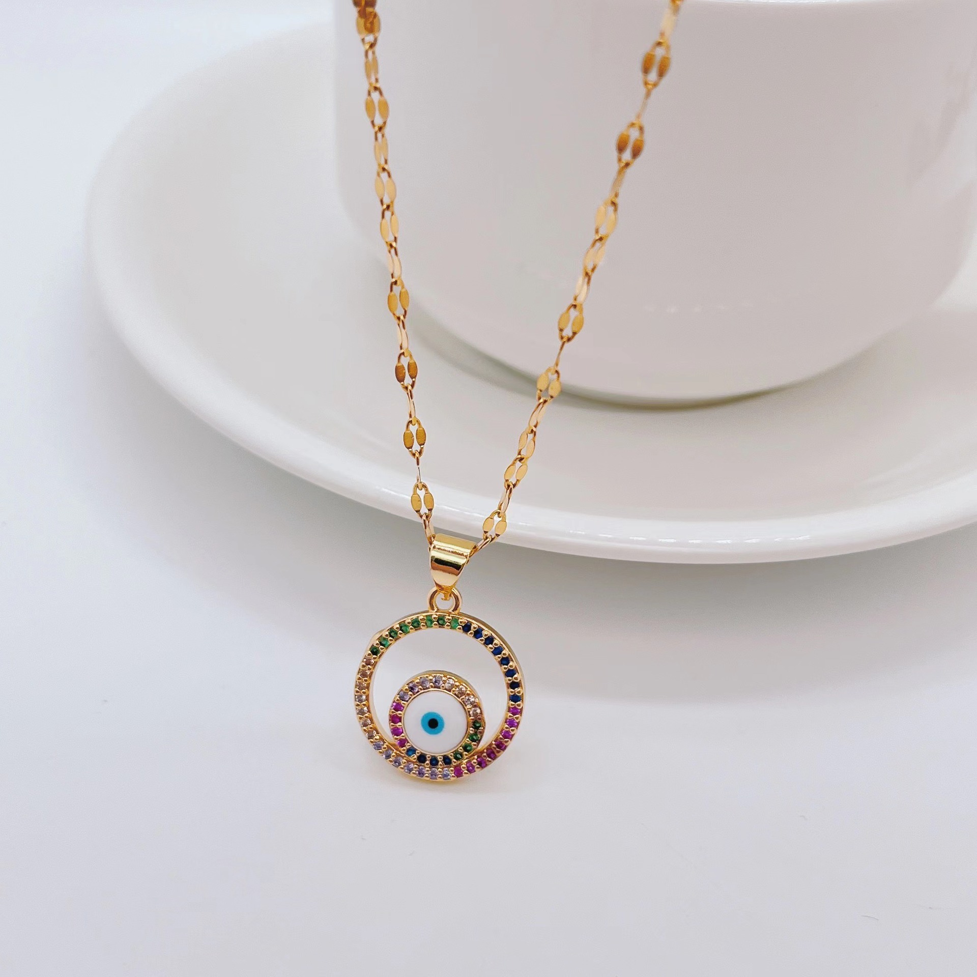 Fashion Round Devilu0027S Eye Heart Shape Titanium Steel Necklace Plating Rhinestone Stainless Steel