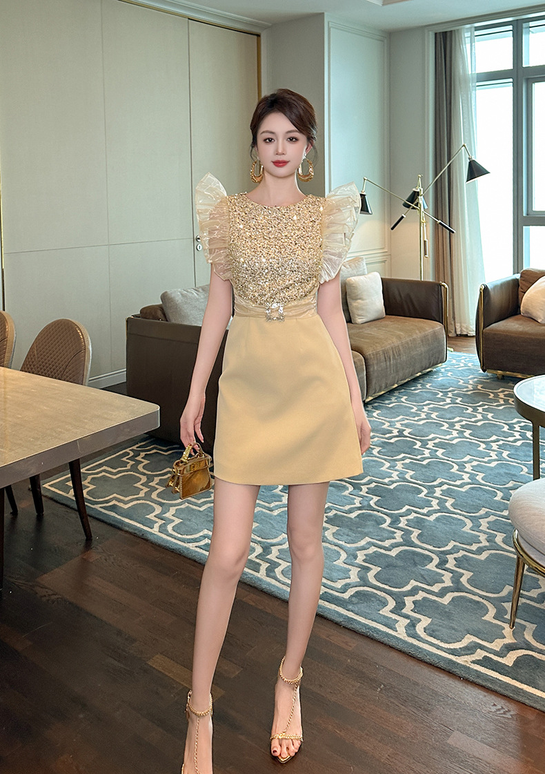 Váy đầm ôm body sequin tay bồng mùa hè 2026 dáng nhỏ — Màu vàng kim chi tiết 13