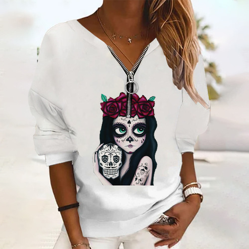 New  Autumn Amazon Halloween Print Long Sleeve Zipper Loose Casual Hoodie for Women