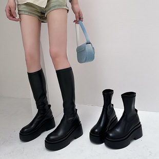 2024 new height-increasing thick-soled elastic thin boots but knee-high knight boots hot girl high-heeled boots