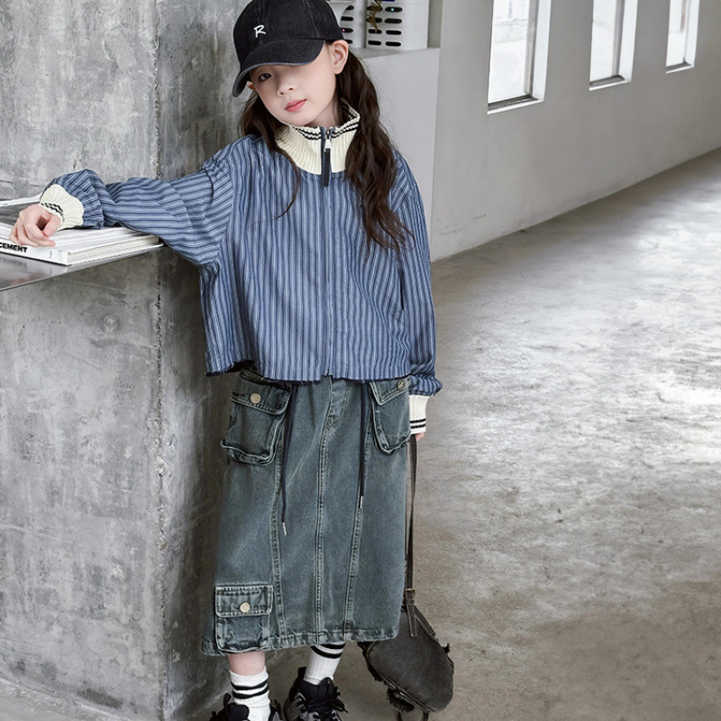 女童韩系条纹衬衫牛仔半身裙春秋中大童洋气时尚文艺女孩潮流套装