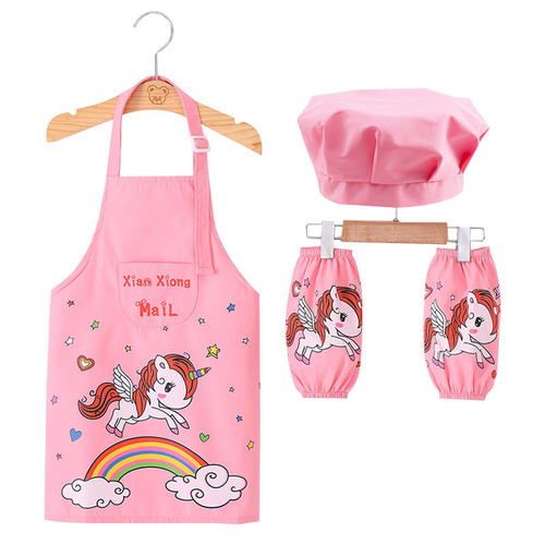 Children's apron, hat, sleeves, waterproof and oil-proof, three-piece kitchen baking set for kindergarten primary school students, 6-12 years old