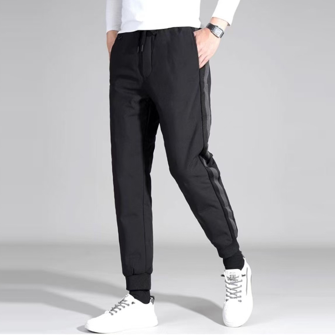 Autumn and Winter Warm 90% down Jogger Pants for Couples, Elastic Waist, Side Seam Fashion Stripes, Windproof and Warm Casual Pants