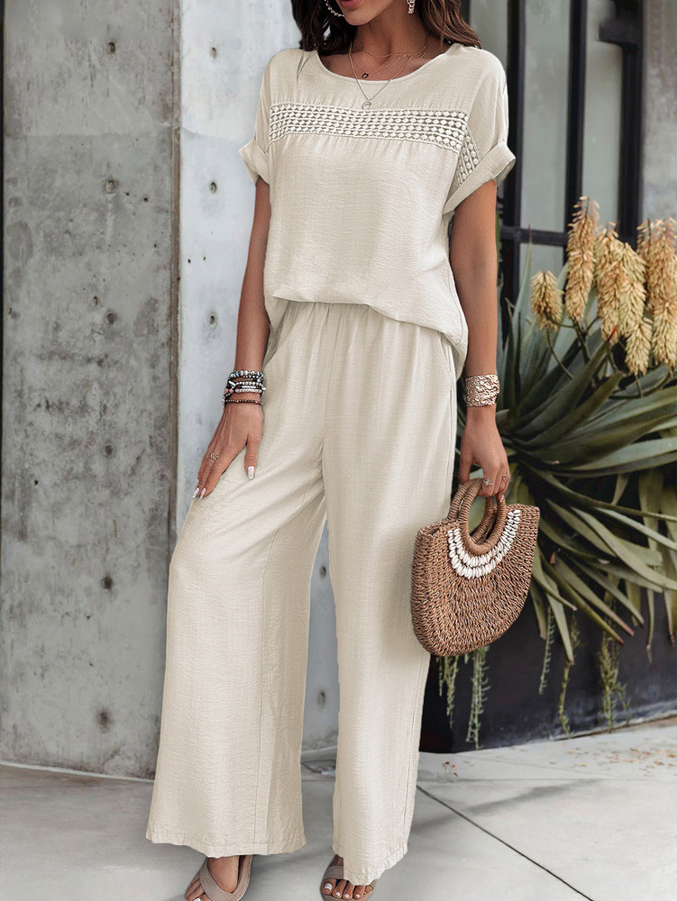 455g Weight Half Sleeve, Half Sleeve Sleeve Length Spandex, Polyester Fabric Type Low Waist Waist Line Short Top Length Pant Co-ord Set, Pant Co-ord Set Sets Type 2 Pieces Set Quantity Casual, Daily Occasion Round Neck, Round Neck Neckline Loose, Loose Fit Type Stripe, Solid Color Pattern Summer, Spring, Autumn Season Women's Gender Hollow Out Design Streetwear, Streetwear Style Apricot Color KaiKuO Women's Fashion Independent Station 2024 Spring Summer Export Casual Fashion Solid Color Short Sleeve Long Pants Hollow Out Set 13