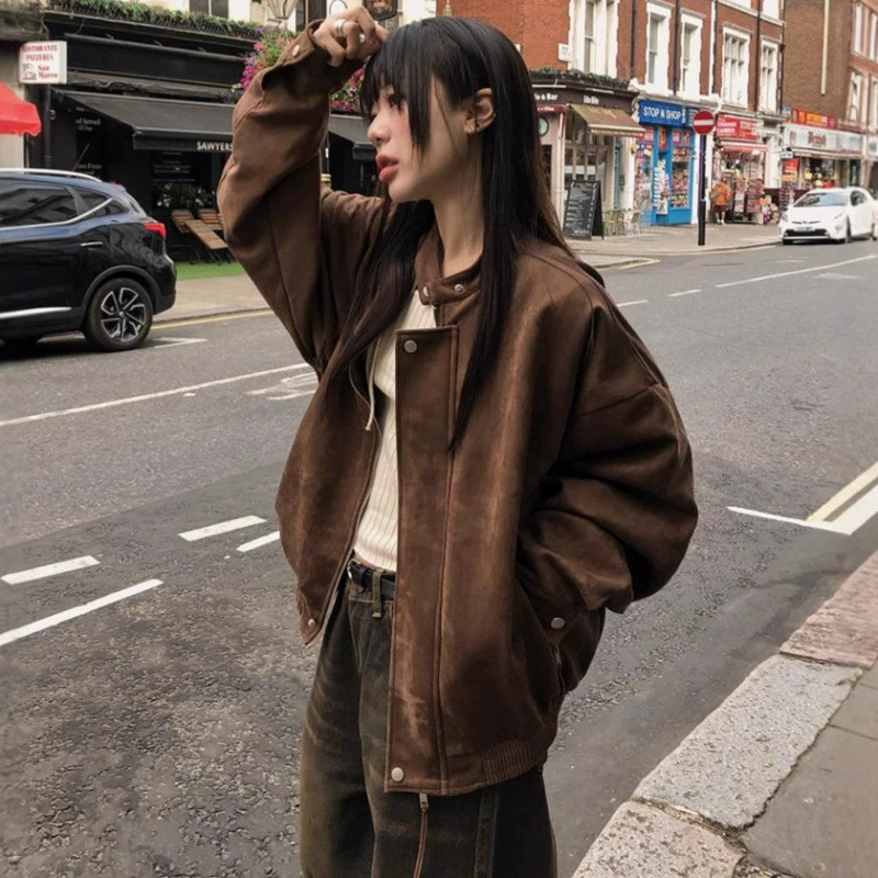 Корейская шикарная осенне-зимняя новая замшевая свободная красивая куртка с длинными рукавами в корейском стиле с полугольфом и молнией