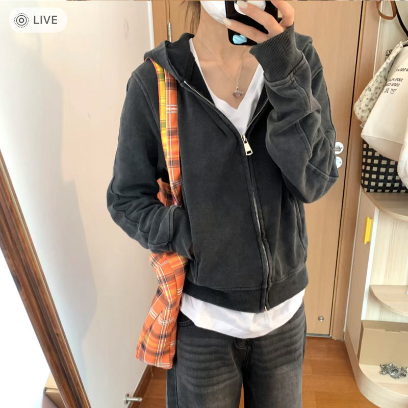 【棉水洗】風網紅復古美式做舊正肩短款連帽外套衛衣女潮流