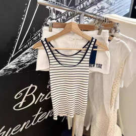 Brandy BM新款美式圆领华夫格条纹背心女bm修身显瘦百搭打底上衣