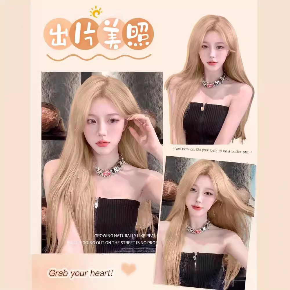 Koni Blond Perücke für Frauen, lange Haare, Rosenstil mit Mittelscheitel und Pony, realistische synthetische Haare