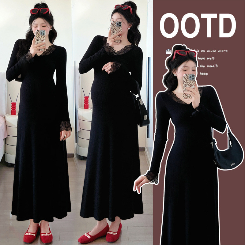 Maternity 2025 Spring New Sexy Trendy Mom Base Long Sleeve dress Design Stitching Lace Long Skirt