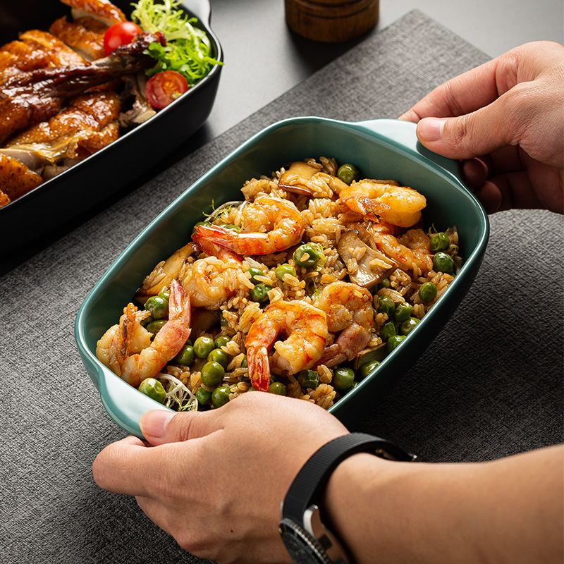 Plato de arroz al horno con queso de estilo nórdico Plato para hornear para el hogar Tazón para hornear binaural Horno rectangular de cerámica Plato para microondas