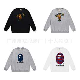 批发外贸跨境潮牌新款猿人印花男女时尚休闲圆领秋冬套头长袖T恤S