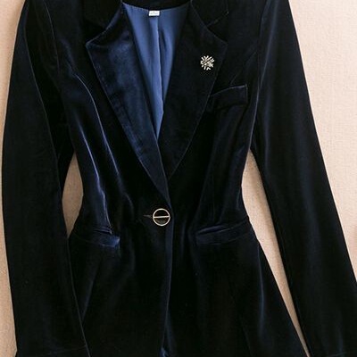 Black Velvet Suit Plus Size Jacket for Women, Elegant Slim Fashion Velvet Set, High-End Small Blazer Top