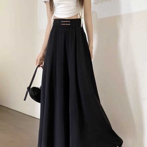 Summer and Autumn Ice Silk Chiffon Disc Button High-Waisted Pleated Trousers with Drop-Waist, Full-Length Skirt, Flowy Wide-Leg, and Waist-Slimming Design, Trendy