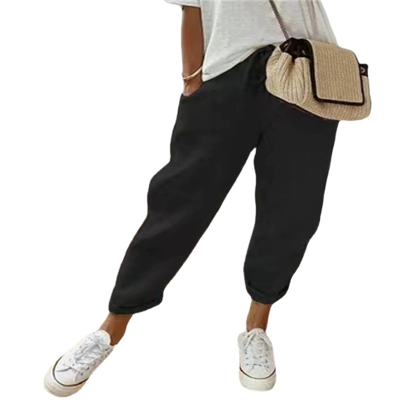 2024 Европейские и американские трансграничные независимые станции Amazon женские хлопковые и льняные карманы эластические повседневные брюки женские весенние летние брюки женские брюки